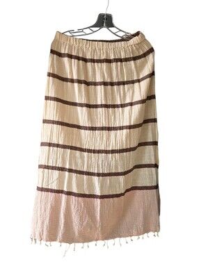 Lula Sol Cream Colored Crinkle Cotton Midi Skirt W/Brown Stripes Size Small